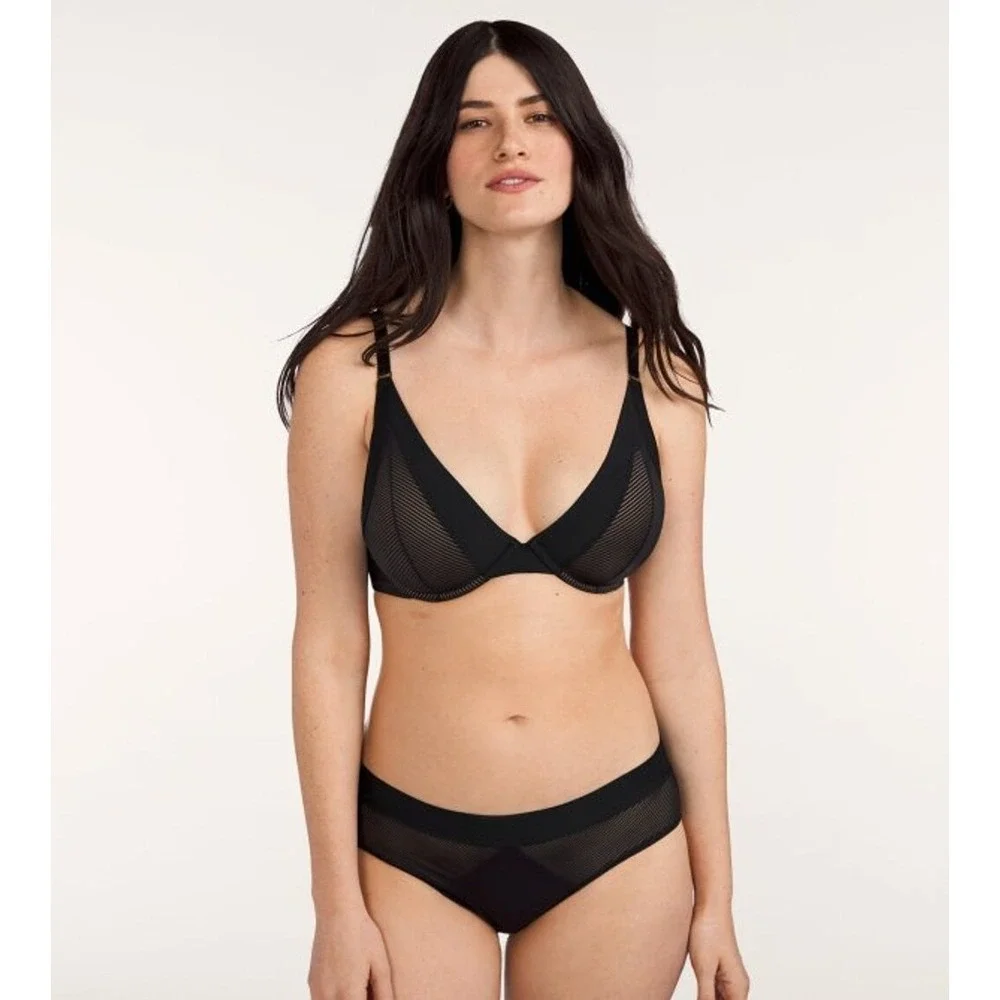 ThirdLove Shadow Stripe Plunge Bra Black Sheer Mesh Adjustable Straps Size 42E